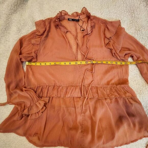 ZARA  Marsala Ruffled Blouse with Creased Effect Size Medium  NWOT - Picture 6 of 7